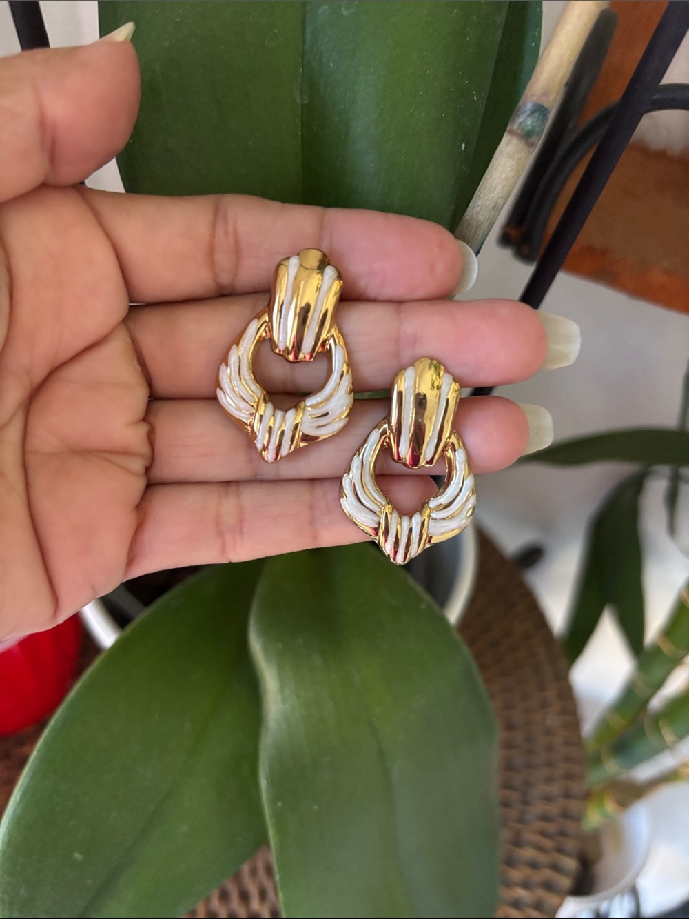 Gold and White Winged Hoop Drop Earrings - Women Jewelry - Picture 2 of 3